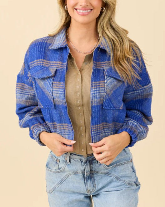 Cropped Plaid Shacket With Buttons - Blue