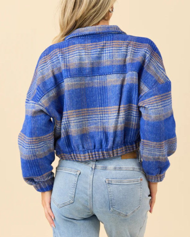 Cropped Plaid Shacket With Buttons - Blue - 1