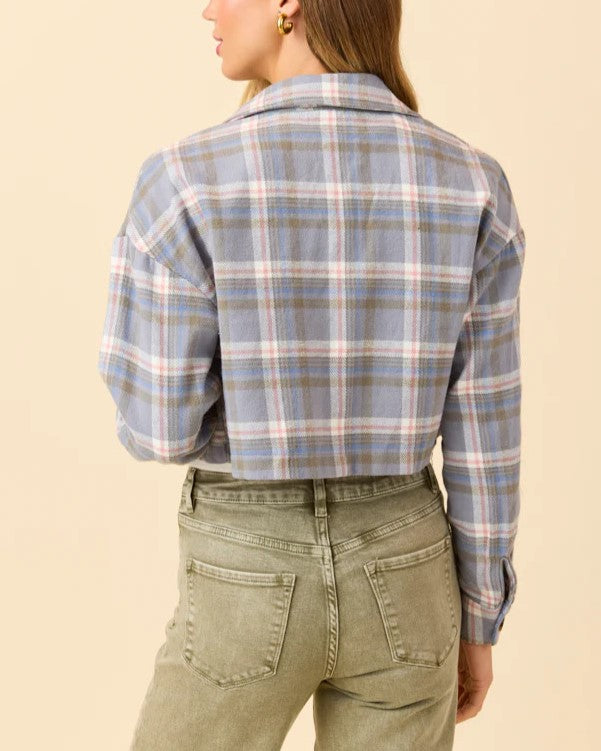 Cropped Plaid Shacket With Buttons - Grey - 1