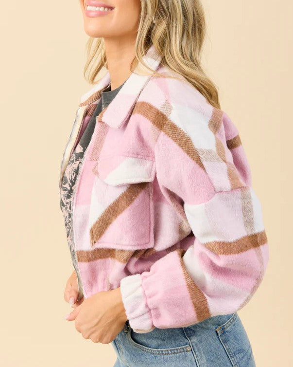 Cropped Plaid Shacket With Buttons - Pink - 2