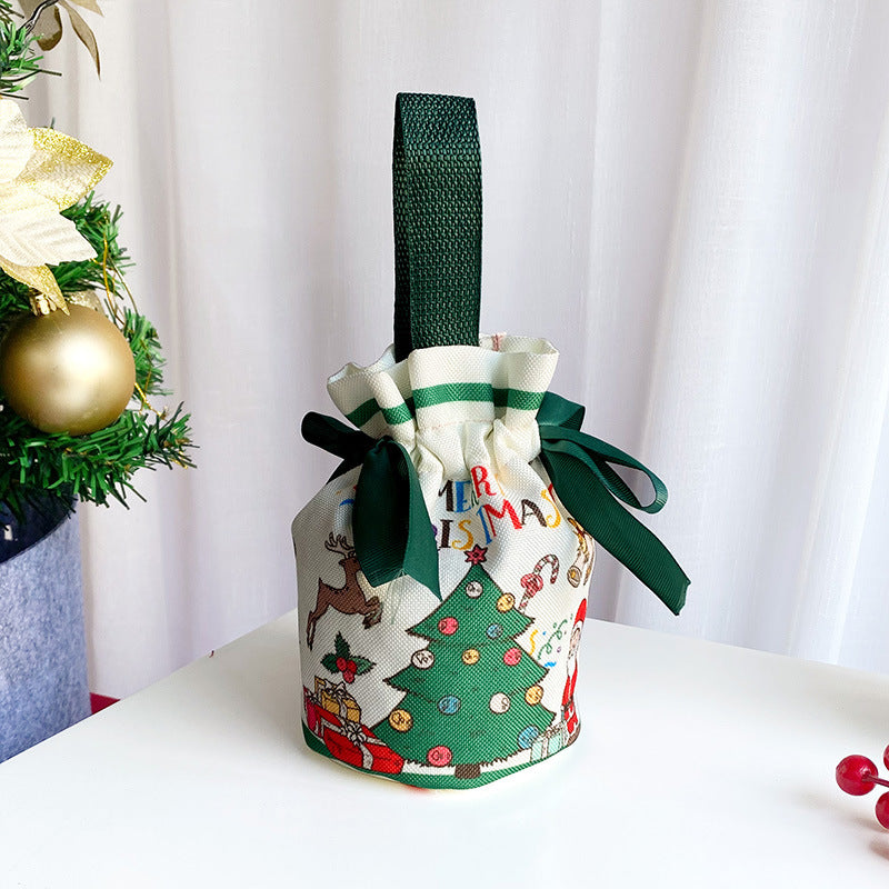 Christmas Drawstring Gift Bag with Top Handle and Bows - Green