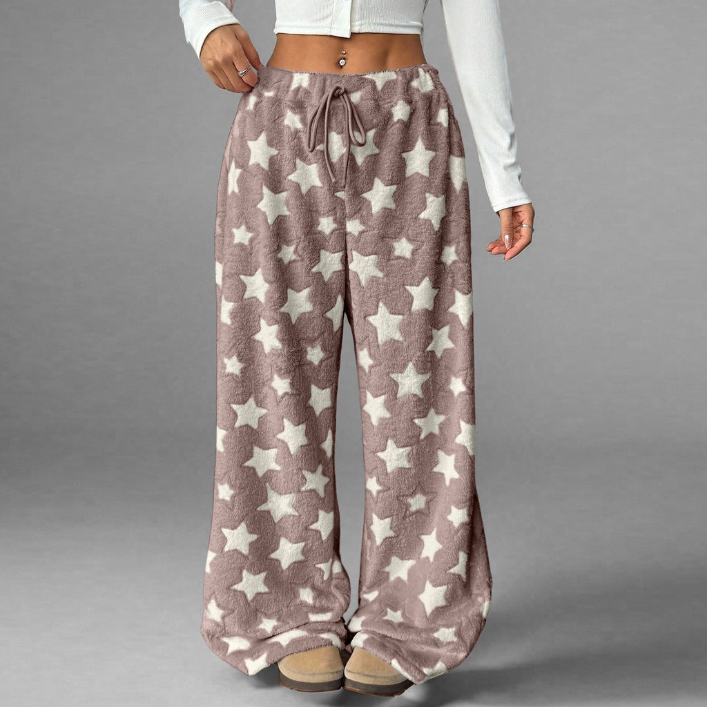 Fuzzy Star Print Drawstring Pyjama Pants - DarkKhaki