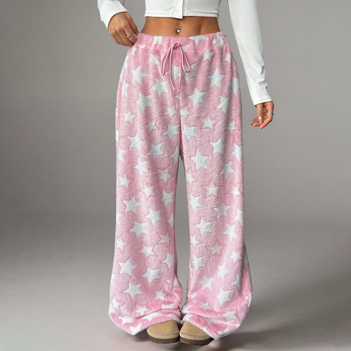 Fuzzy Star Print Drawstring Pyjama Pants - Pink