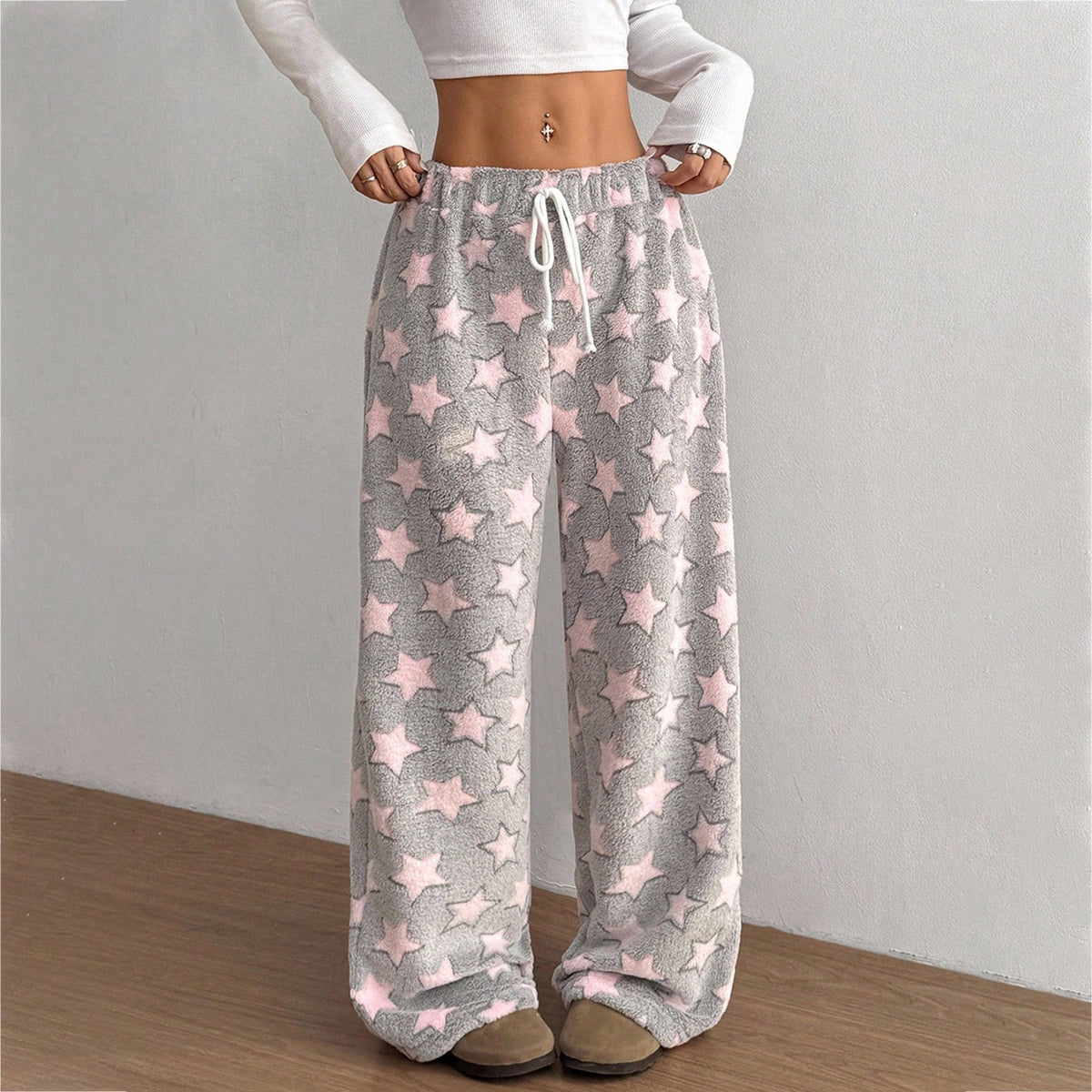 Fuzzy Star Print Drawstring Pyjama Pants - PinkGray