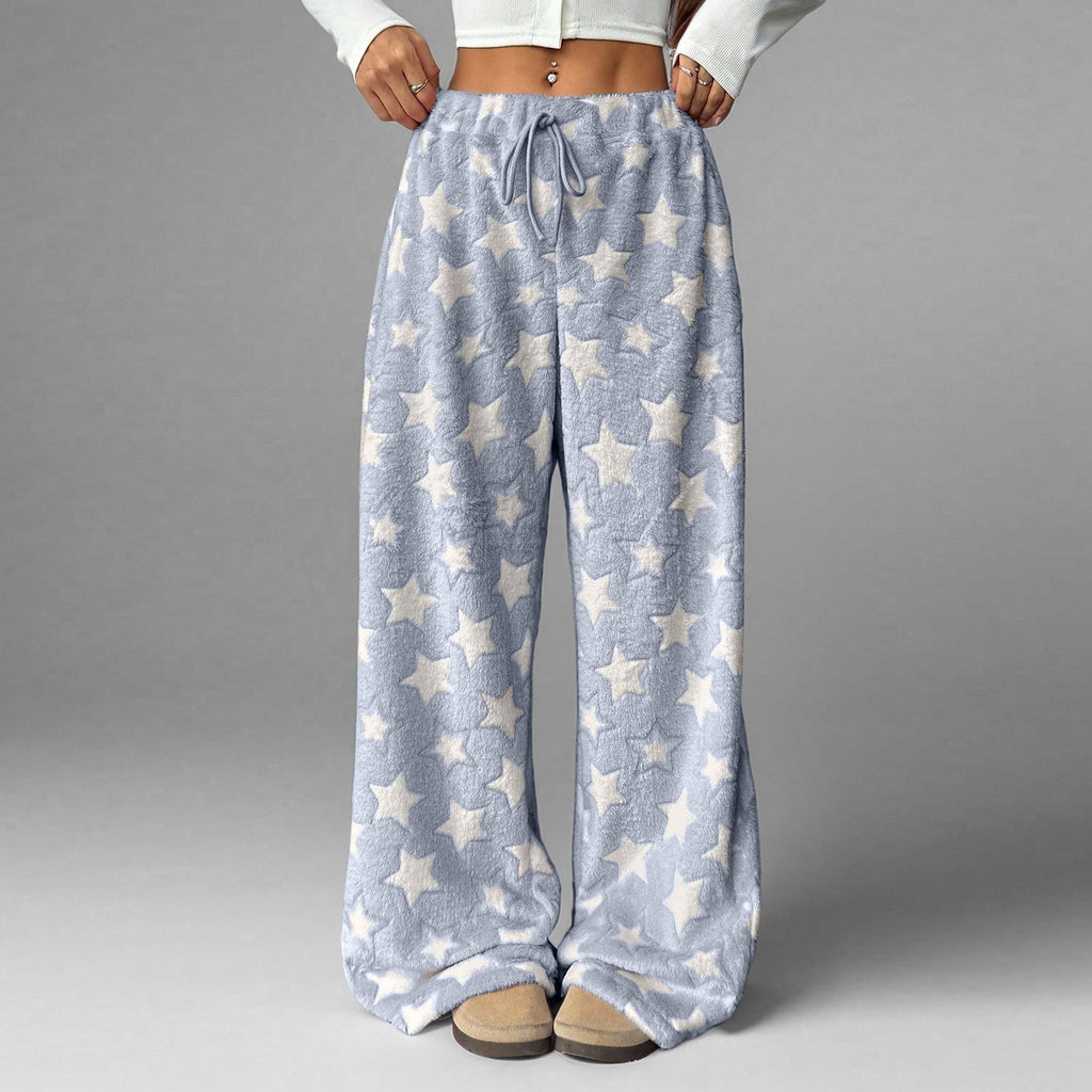 Fuzzy Star Print Drawstring Pyjama Pants - blue