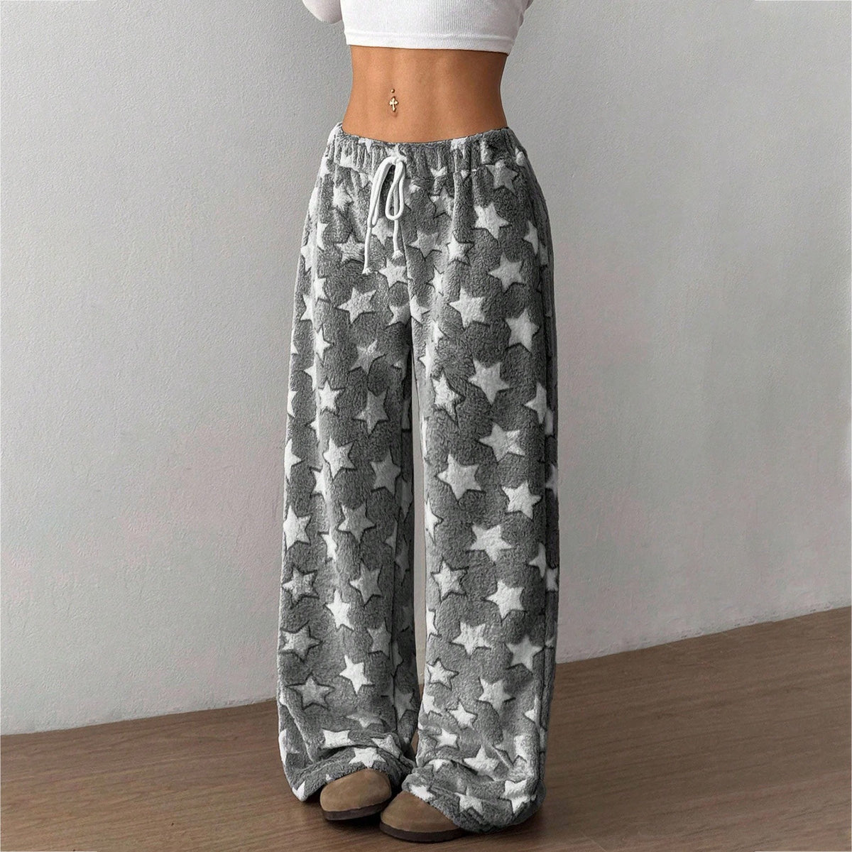 Fuzzy Star Print Drawstring Pyjama Pants - grey
