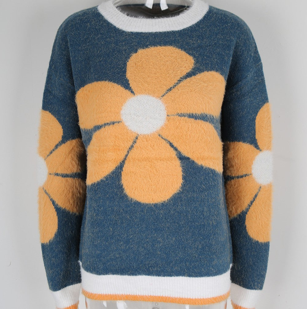 Retro Daisy Fuzzy Knit Crew Neck Sweater - Blue