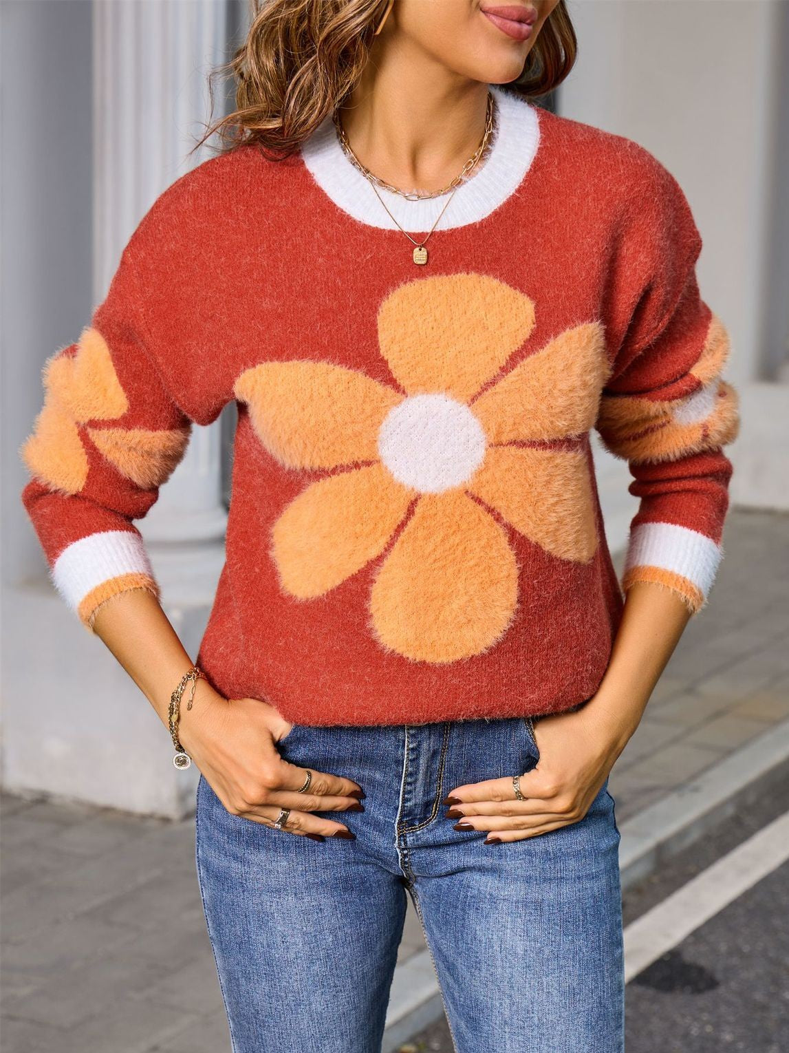 Retro Daisy Fuzzy Knit Crew Neck Sweater - Orange