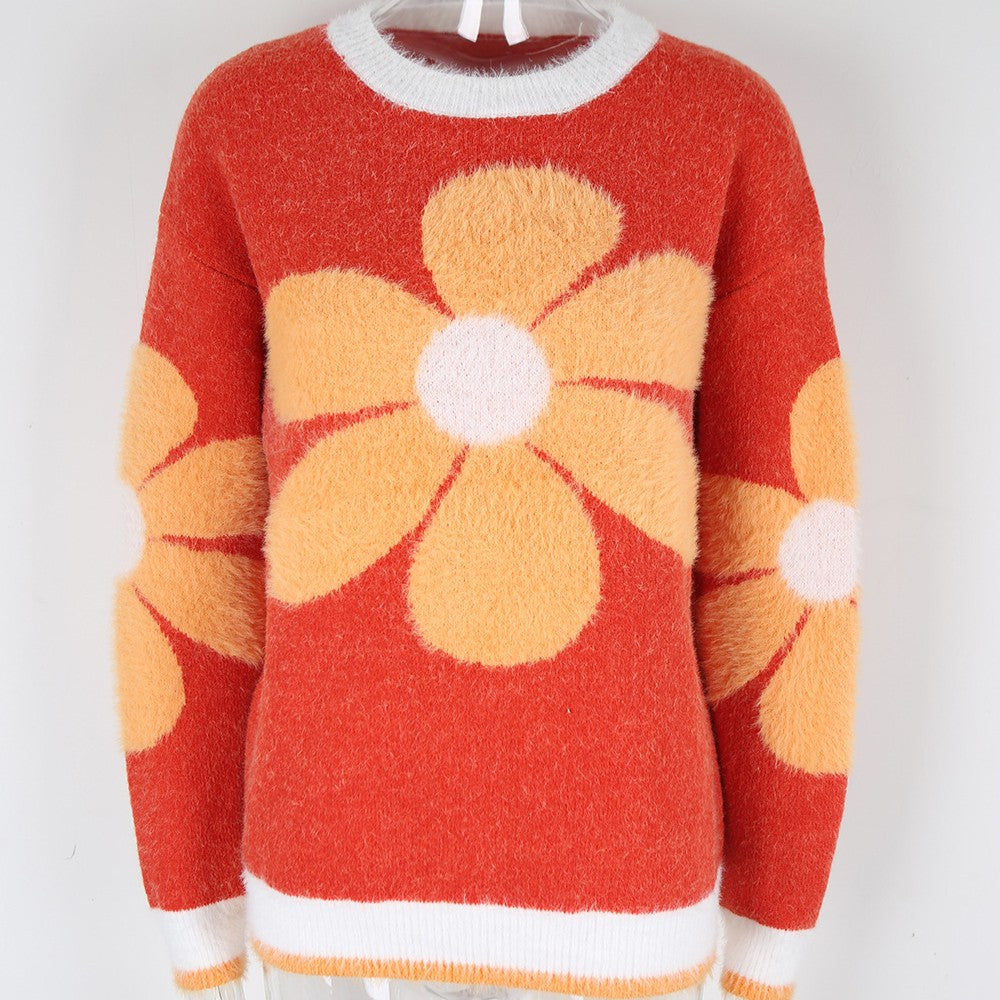 Retro Daisy Fuzzy Knit Crew Neck Sweater - Orange - 1