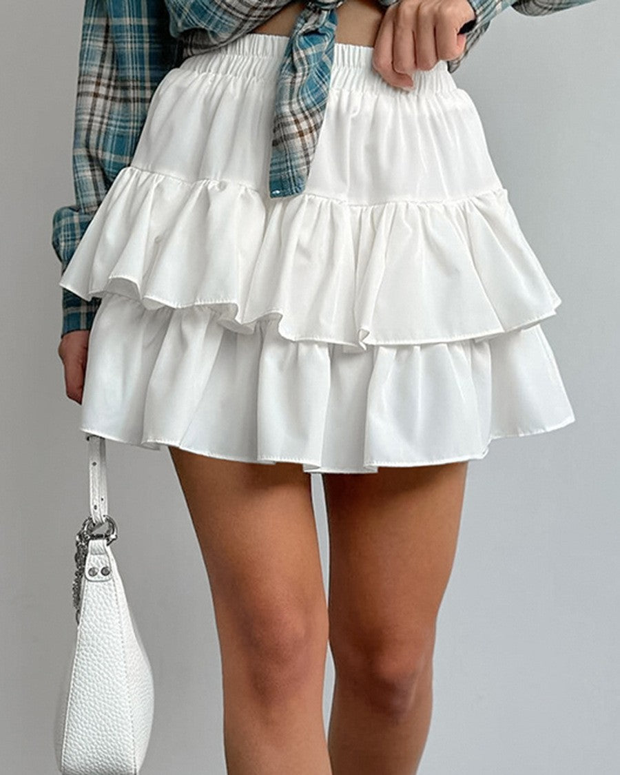 Ruffled Tiered Mini Skirt With Smocked Waist - White