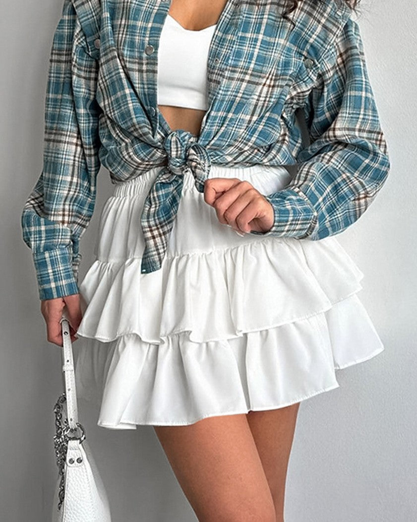 Ruffled Tiered Mini Skirt With Smocked Waist - White - 1