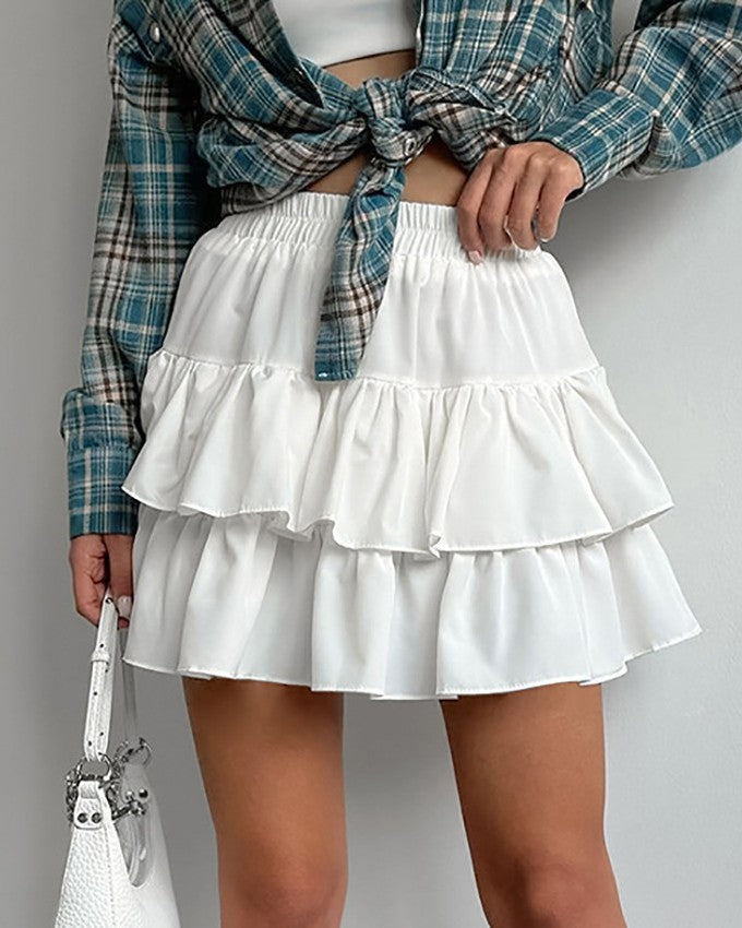 Ruffled Tiered Mini Skirt With Smocked Waist - White - 4