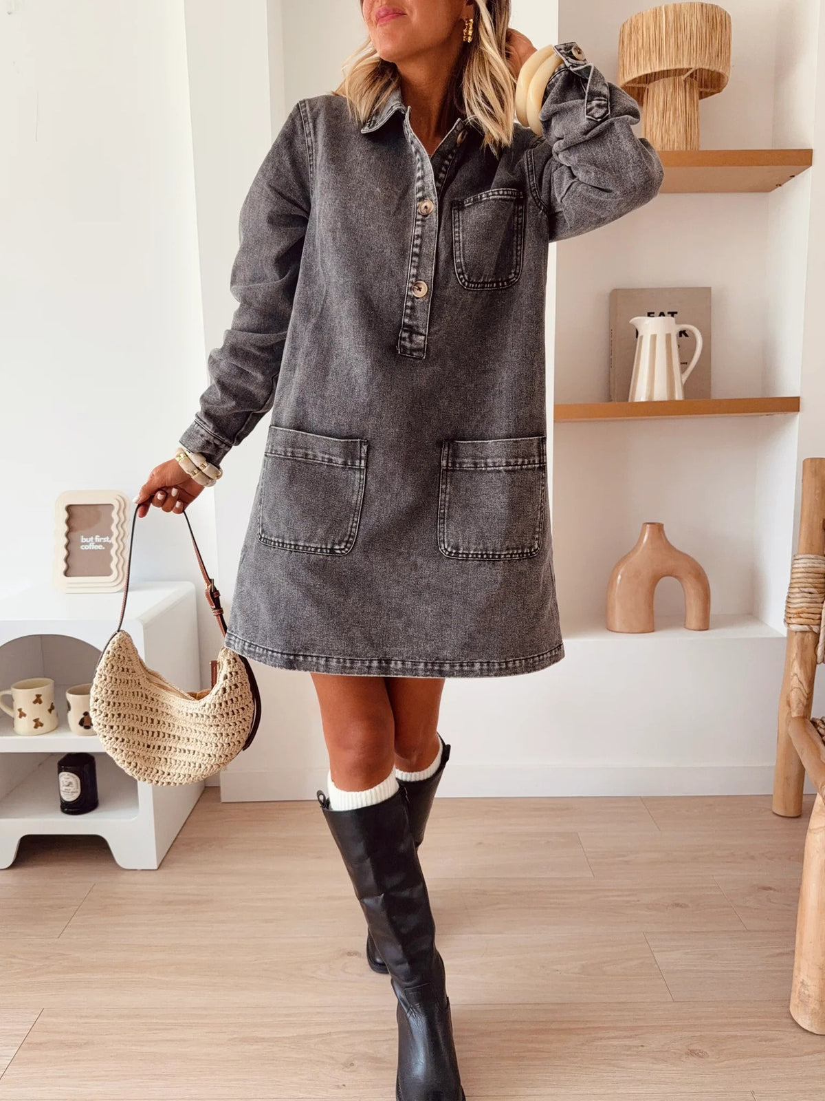 Collared Denim Shift Dress With Pockets - Black