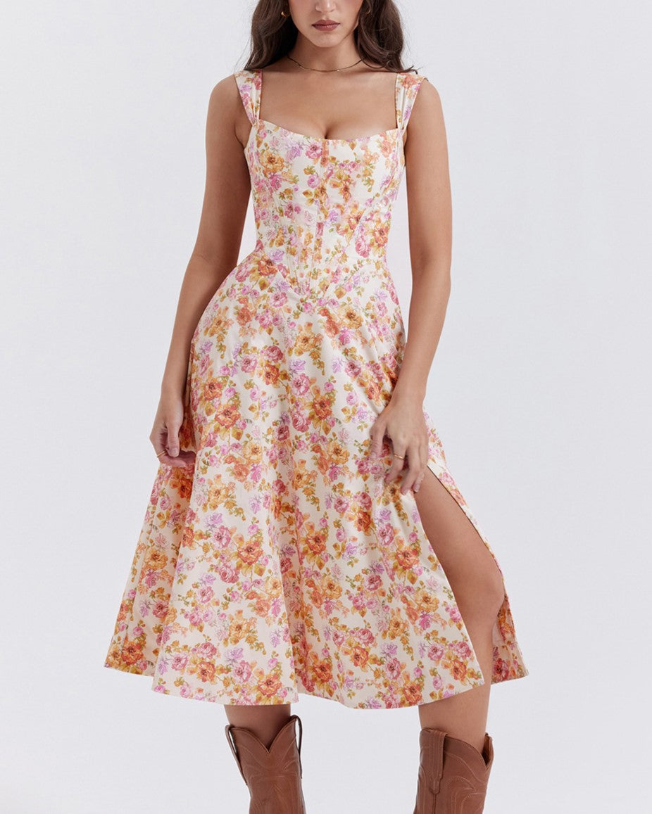Floral Corset Bodice Slit Midi Sundress - Orange
