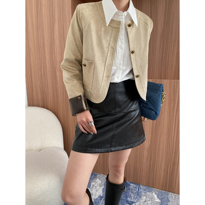 Collarless Patch Pocket Faux Suede Jacket