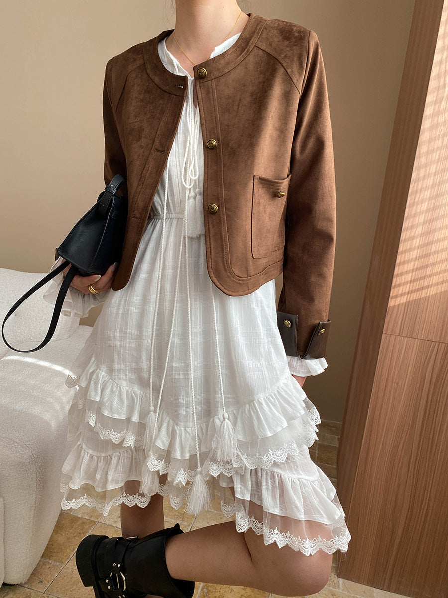 Collarless Patch Pocket Faux Suede Jacket - view 1
