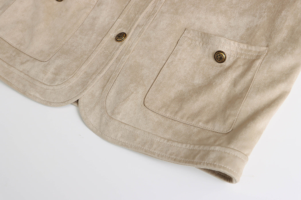 Collarless Patch Pocket Faux Suede Jacket - view 3