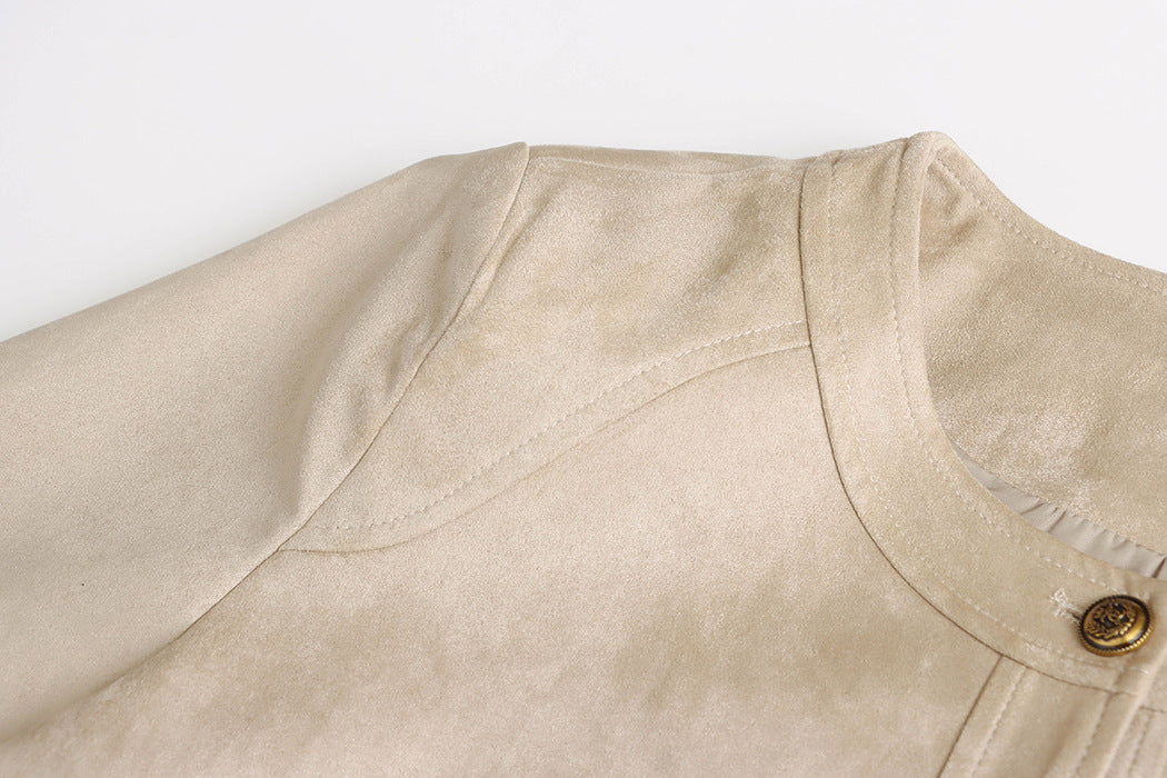 Collarless Patch Pocket Faux Suede Jacket - view 4