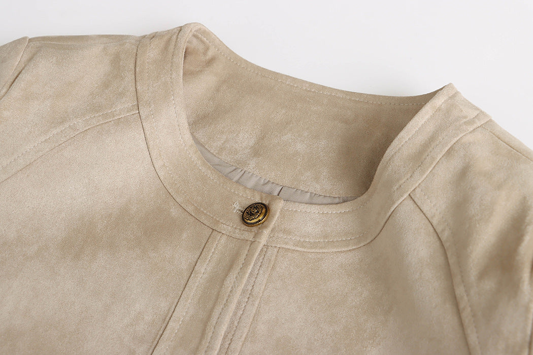 Collarless Patch Pocket Faux Suede Jacket - view 5