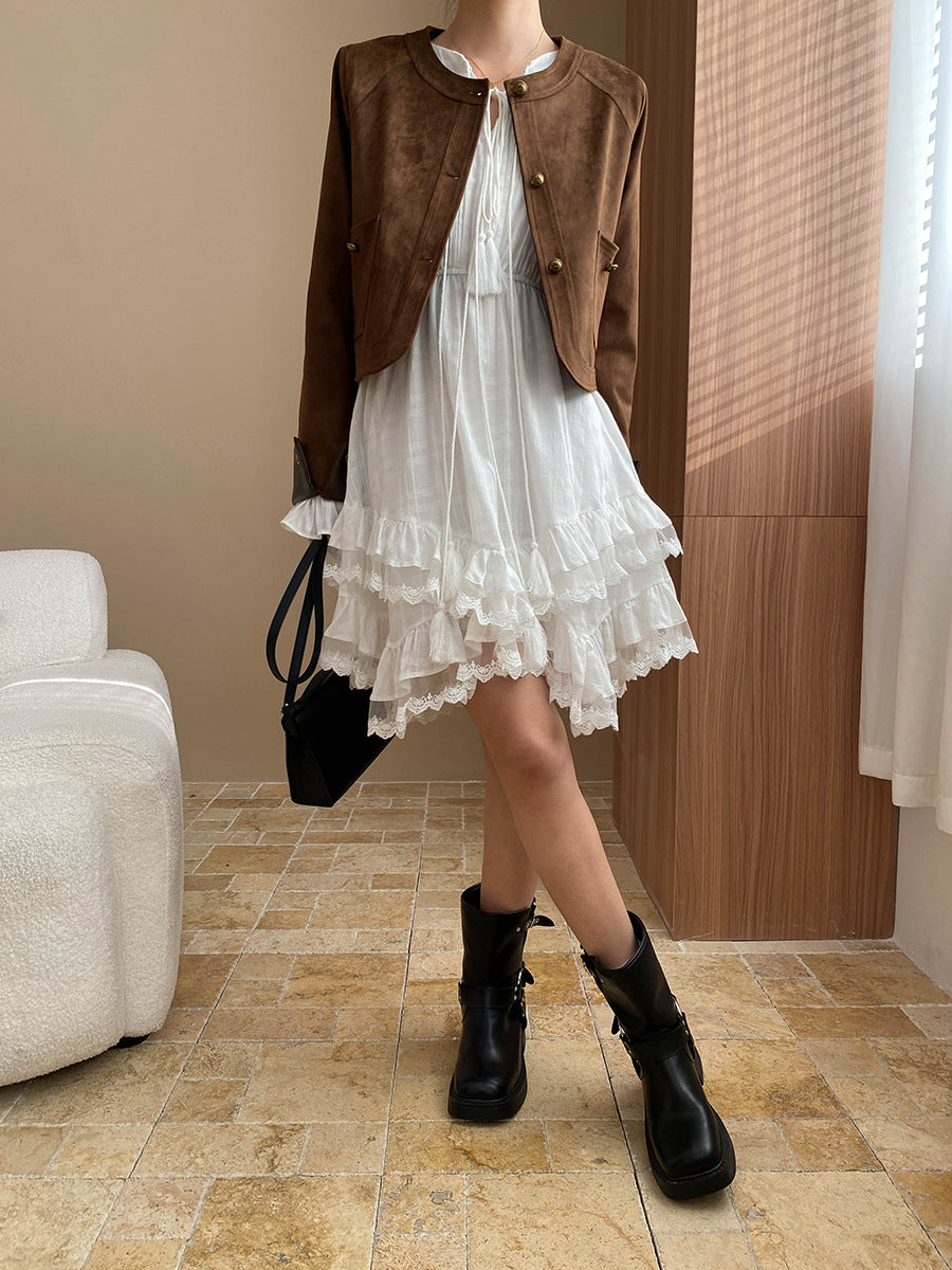 Collarless Patch Pocket Faux Suede Jacket - view 7