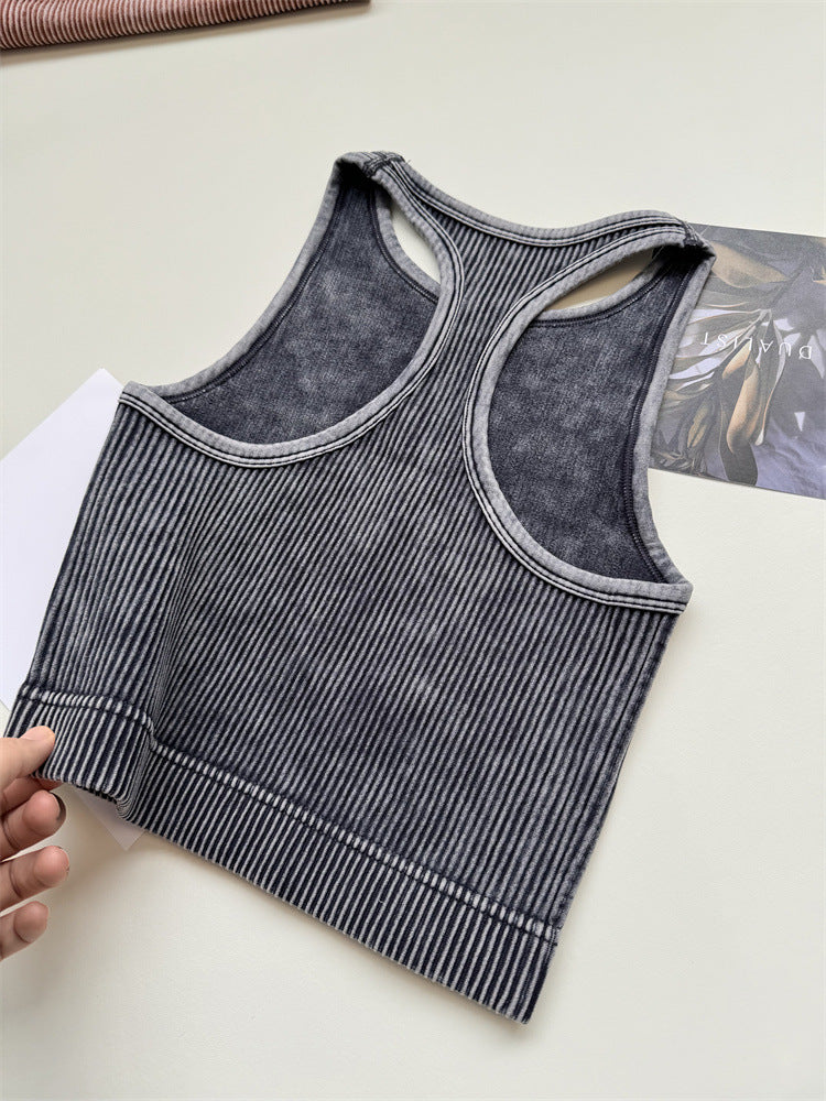 Acid Wash Ribbed Cropped Workout Tank - Black