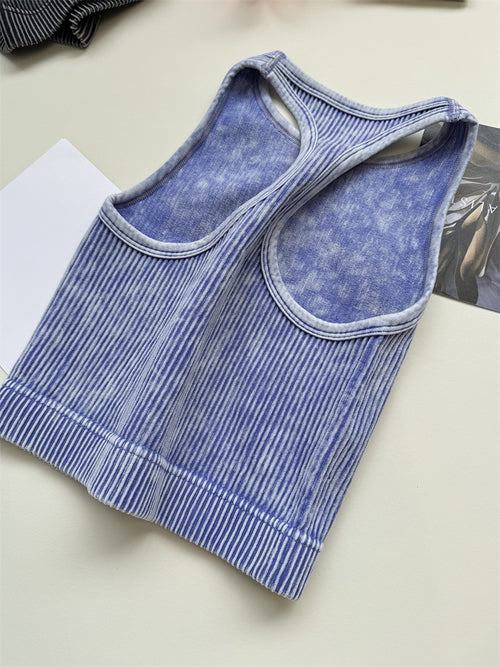 Acid Wash Ribbed Cropped Workout Tank - Blue