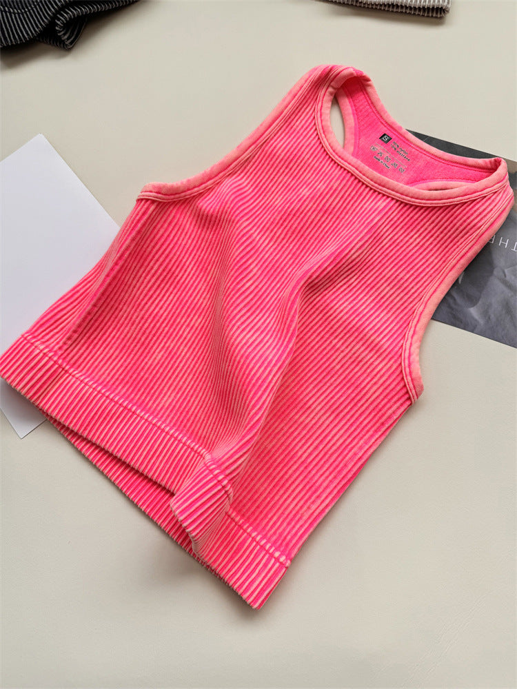 Acid Wash Ribbed Cropped Workout Tank - HotPink