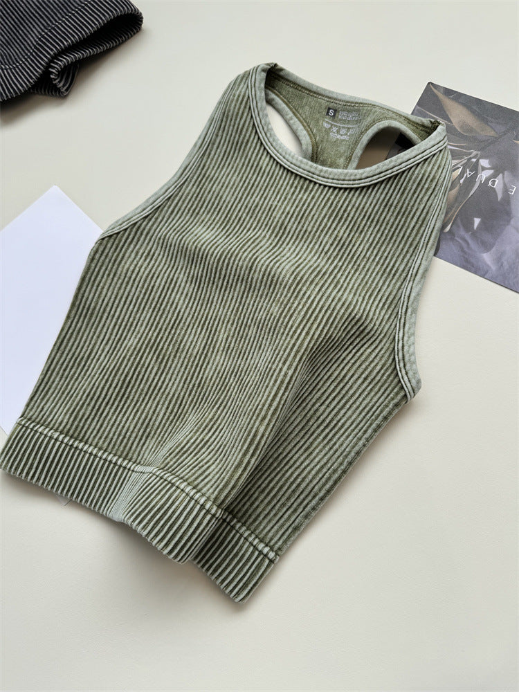 Acid Wash Ribbed Cropped Workout Tank - Olive