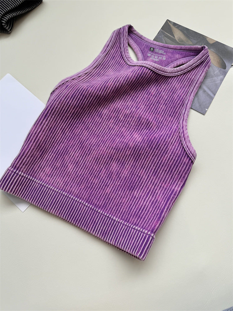 Acid Wash Ribbed Cropped Workout Tank - Purple