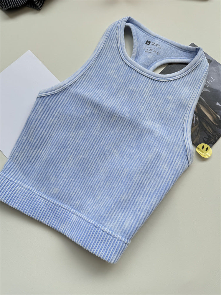Acid Wash Ribbed Cropped Workout Tank - SkyBlue