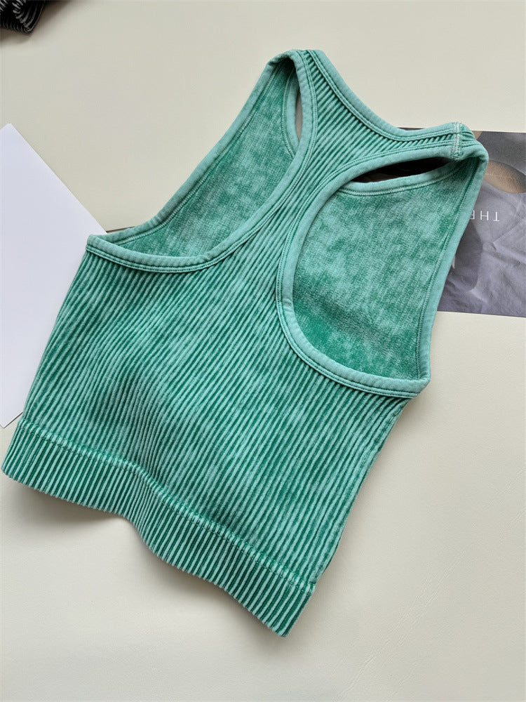 Acid Wash Ribbed Cropped Workout Tank - Turquoise