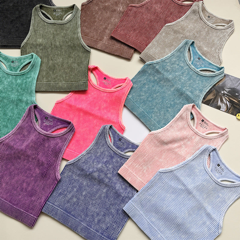 Acid Wash Ribbed Cropped Workout Tank - view 2