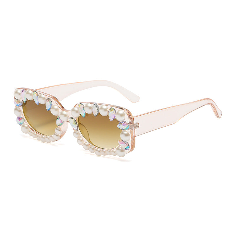 Pearl and Crystal Rectangle Sunglasses - Apricot