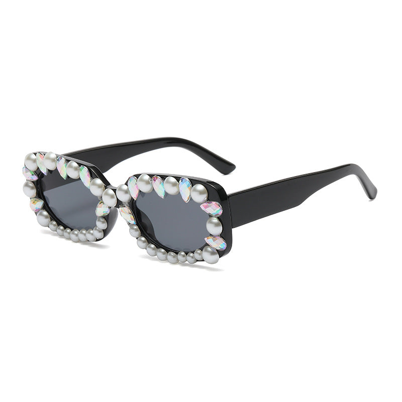 Pearl and Crystal Rectangle Sunglasses - Black