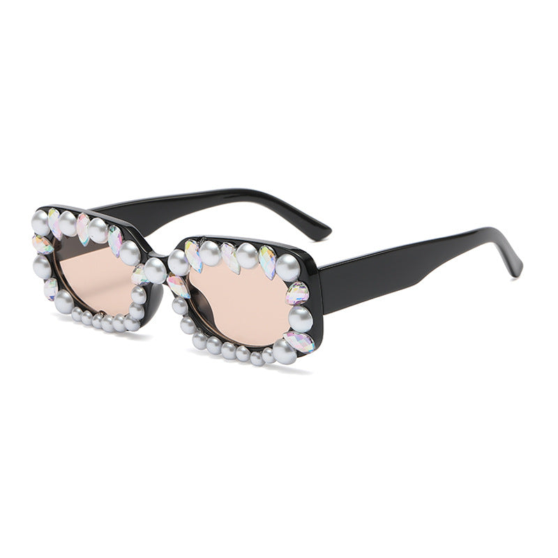 Pearl and Crystal Rectangle Sunglasses - Blacktea