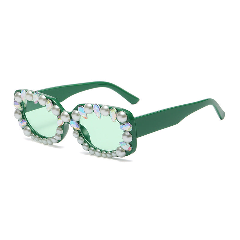 Pearl and Crystal Rectangle Sunglasses - Green