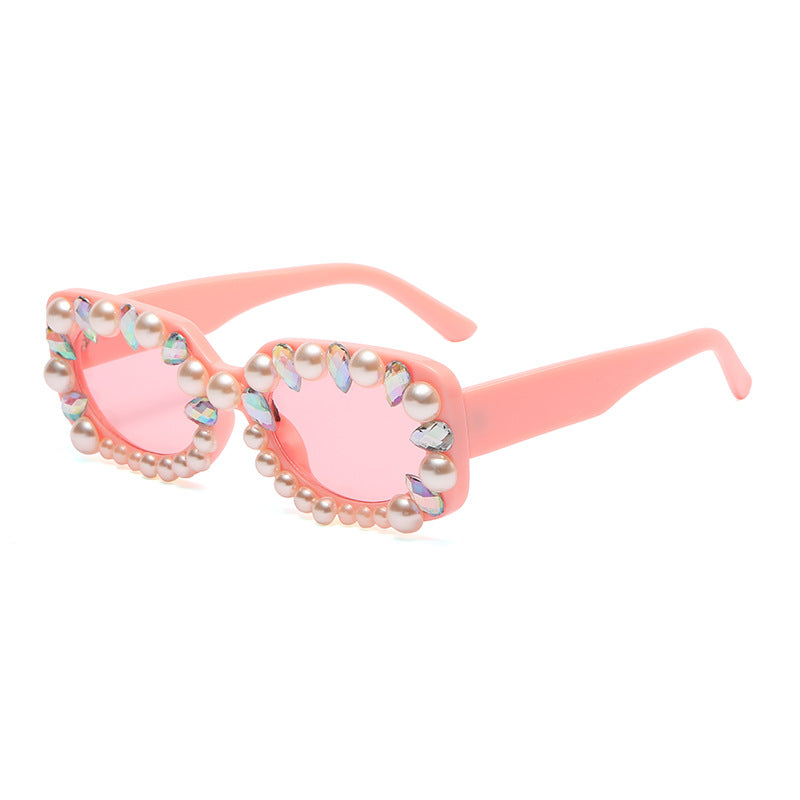 Pearl and Crystal Rectangle Sunglasses - Pink
