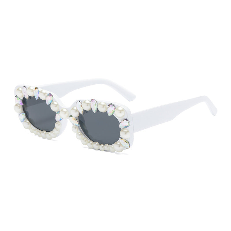 Pearl and Crystal Rectangle Sunglasses - White