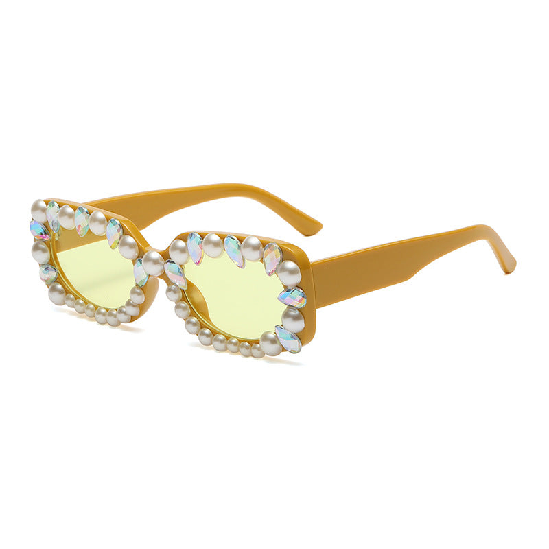 Pearl and Crystal Rectangle Sunglasses - Yellow