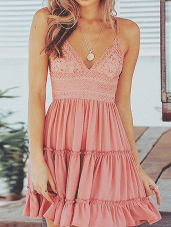 Lace Bodice Tiered Ruffle Mini Sundress - Pink