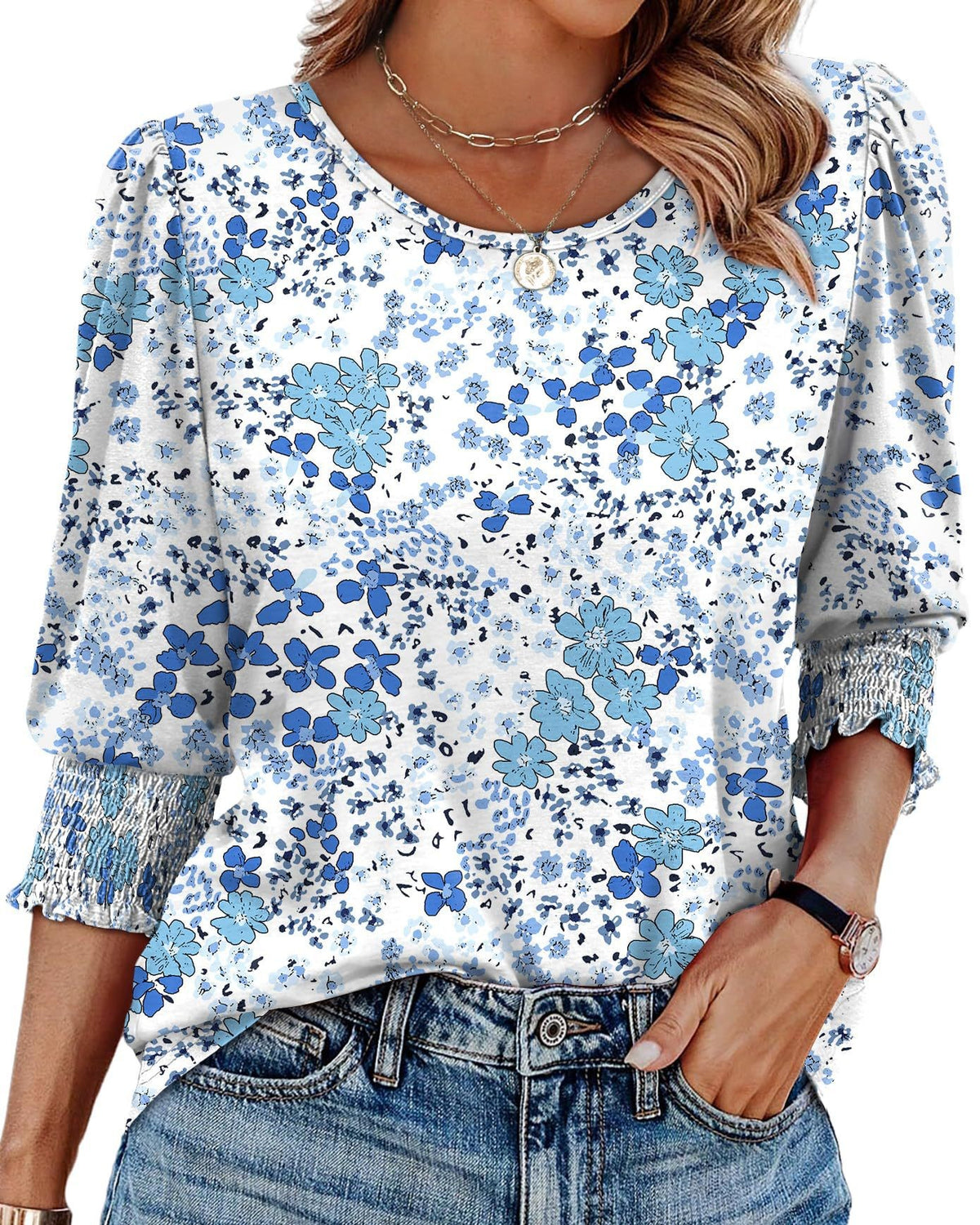 Shirred Cuff Three Quarter Sleeve Blouse - Blue-Flower