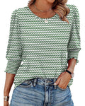 Shirred Cuff Three Quarter Sleeve Blouse - Green