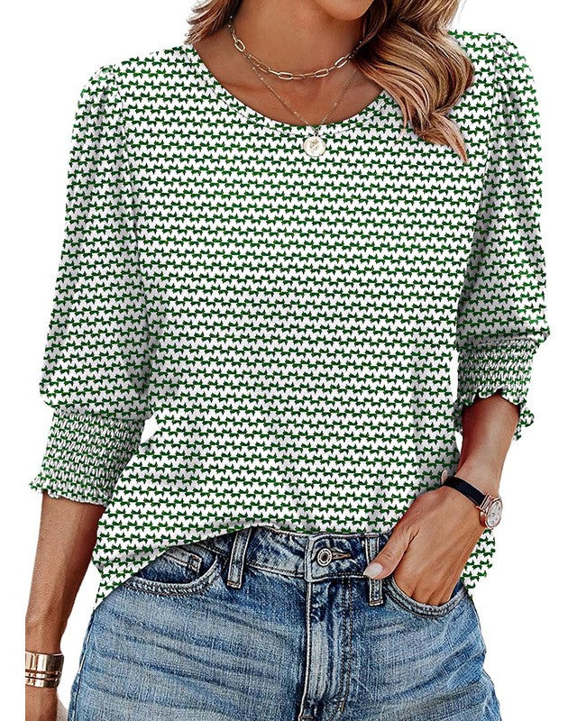 Shirred Cuff Three Quarter Sleeve Blouse - Green