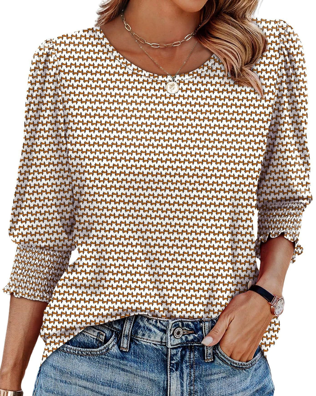 Shirred Cuff Three Quarter Sleeve Blouse - Khaki - 1