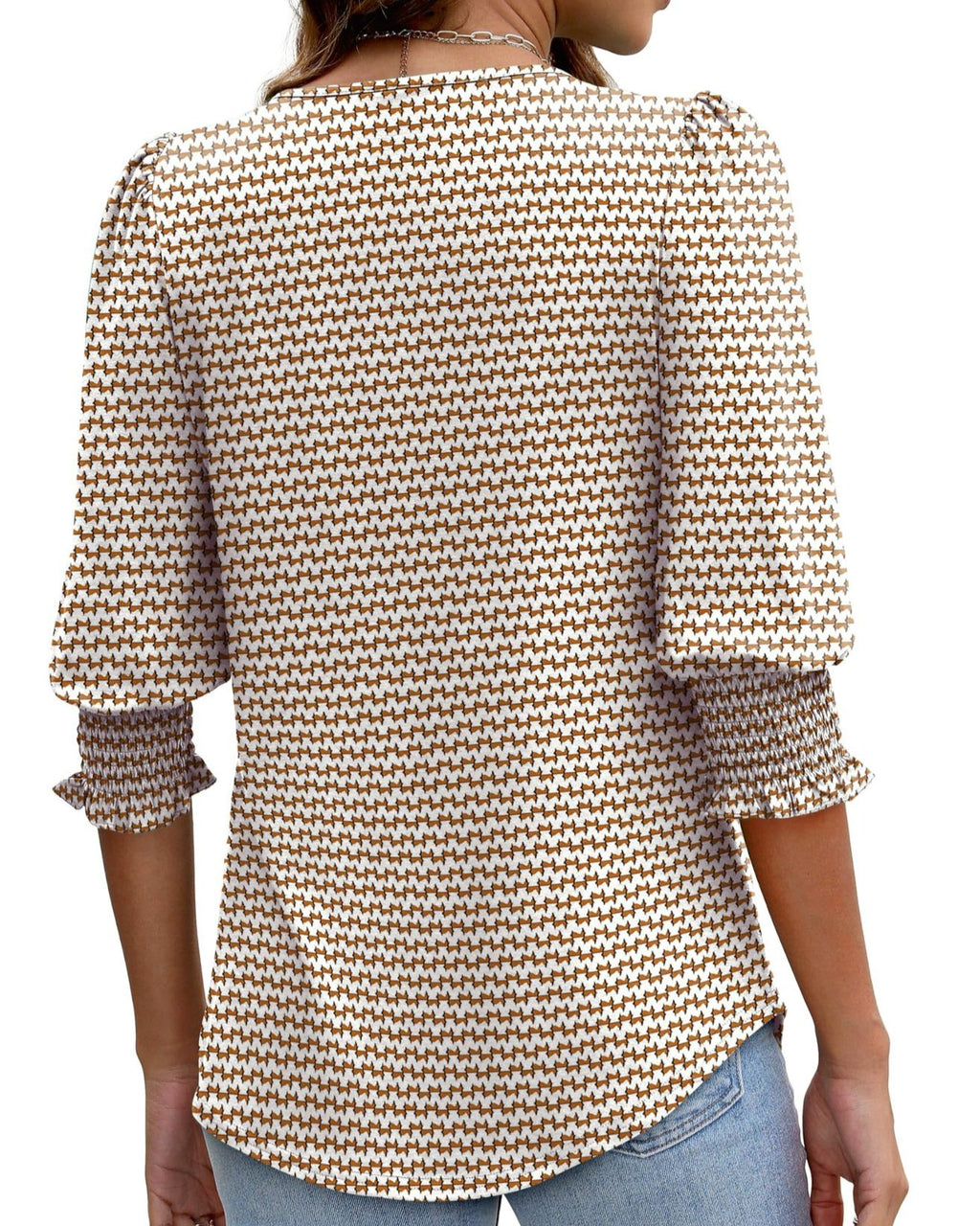 Shirred Cuff Three Quarter Sleeve Blouse - Khaki - 2