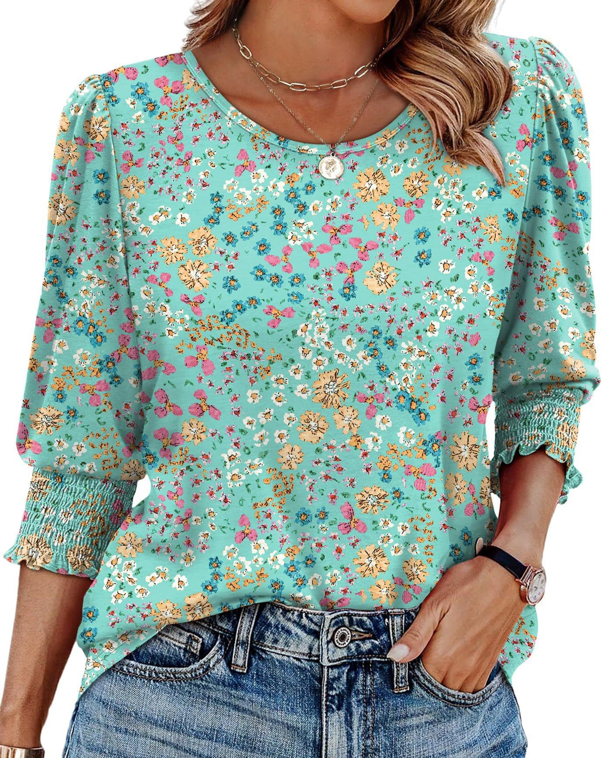 Shirred Cuff Three Quarter Sleeve Blouse - Lake-Green