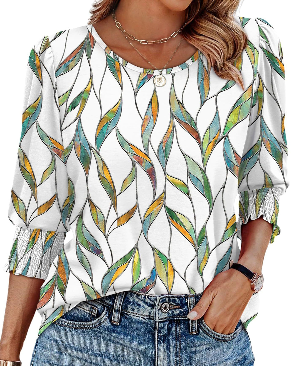 Shirred Cuff Three Quarter Sleeve Blouse - Leaves