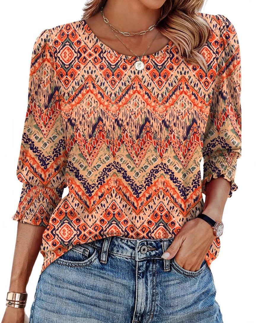 Shirred Cuff Three Quarter Sleeve Blouse - Orange