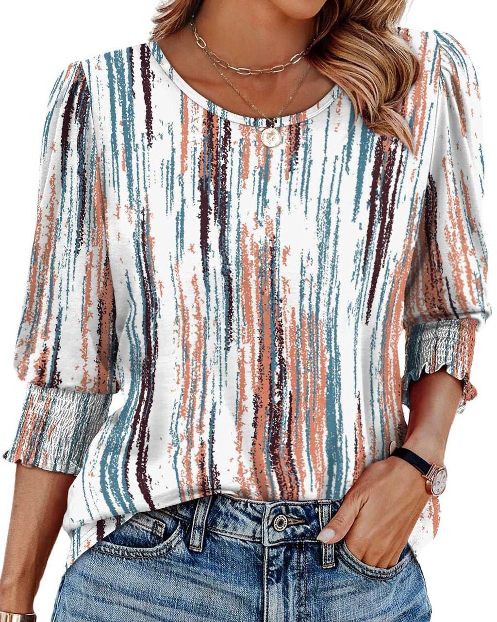 Shirred Cuff Three Quarter Sleeve Blouse - Vertical