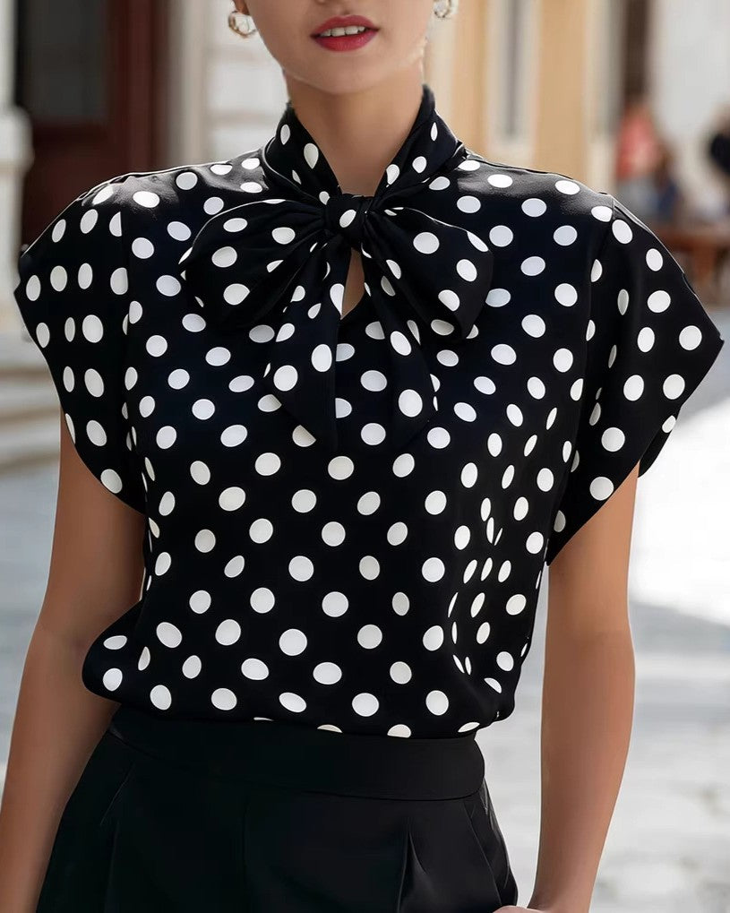 Vintage Dot Print Bow Neck Cap Sleeve Blouse - Black